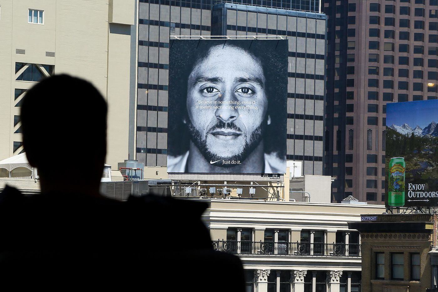 A building in Union Square, San Francisco, shows Colin Kaepernick's Nike advertisement.