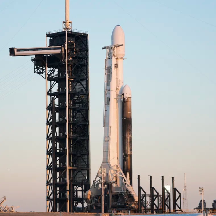 A SpaceX Falcon Heavy rocket with a NASA spacecraft bound for Jupiter stands ready for launch at the Kennedy Space Center on Monday, Oct. 14, 2024 in Cape Canaveral, Fla.