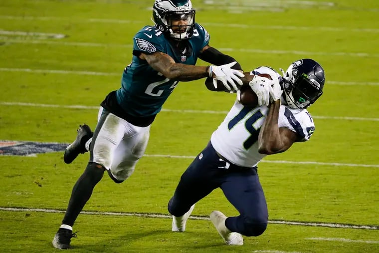 Seahawks WR DK Metcalf makes a tough catch past Eagles CB Darius Slay in the fourth quarter of Monday's game. The Eagles lost 23-17, falling to a 3-7-1 record.