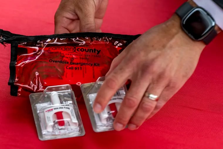 An “Overdose Emergency Kit” displayed in Runnemede, N.J. in Sept. 2023, as Camden County officials announced the county would provide naloxone kits to school bus drivers. Camden County officials credit widespread naloxone access and a number of other initiatives with reducing overdose deaths in the county in the first six months of 2024.