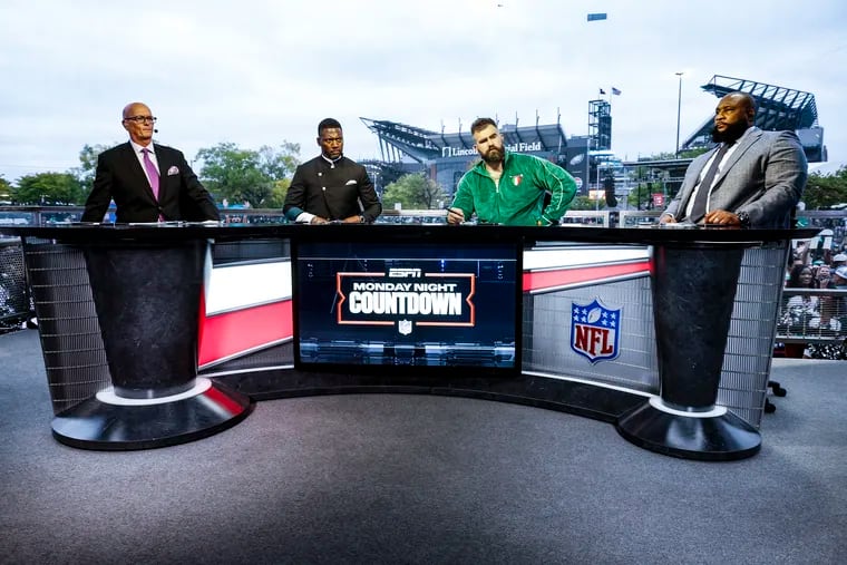 Scott Van Pelt, Ryan Clark, Jason Kelce, and Marcus Spears on the set of ESPN's "Monday Night Countdown" at Xfinity Live!