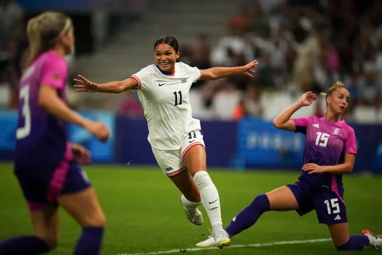 Sophia Smith celebrates her first goal of the game for the U.S. women's soccer team against Germany.