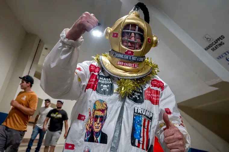 A costumed character in the Pennsylvania Farm Show Complex in Harrisburg, before the appearance of former President Donald Trump.