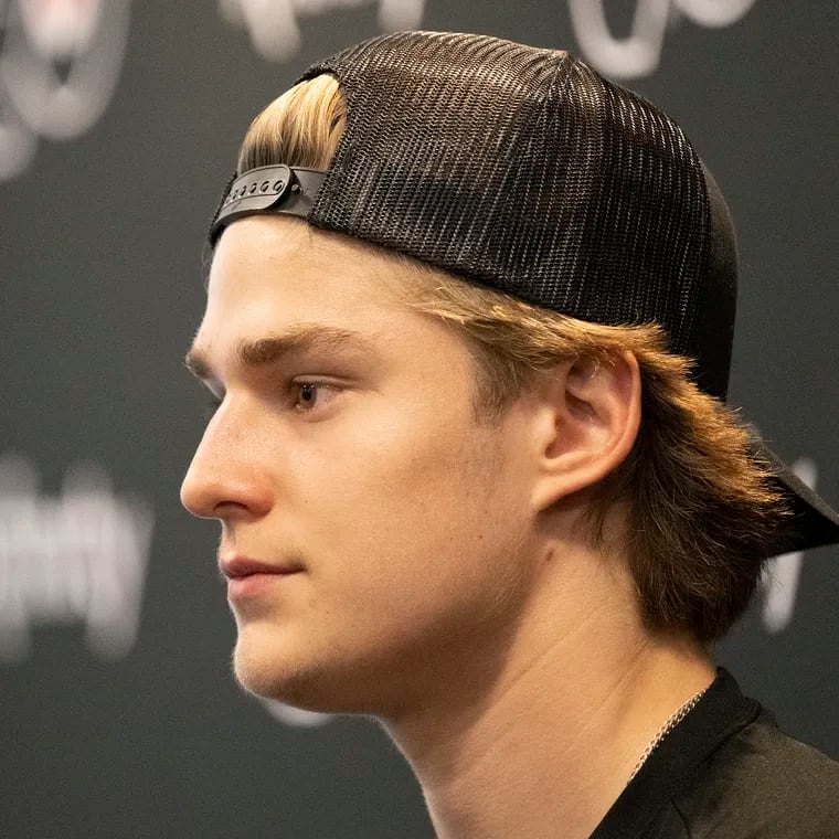 Denver Barkey spoke to reporters at Flyers development camp player on Wednesday.