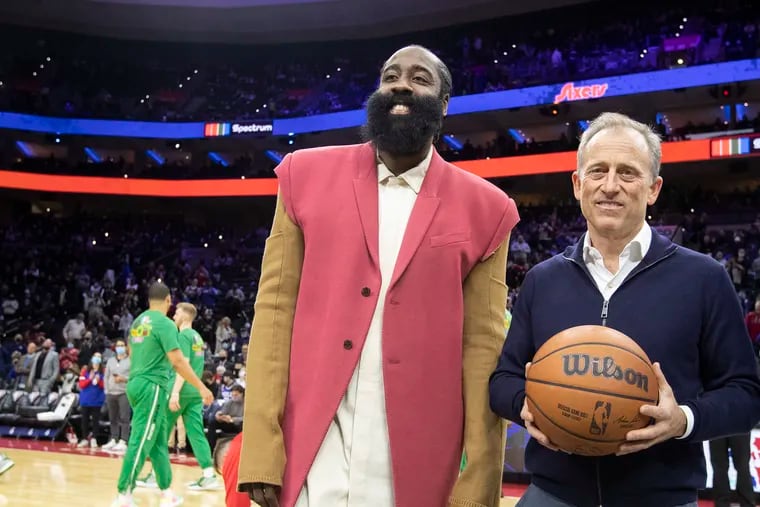 James Harden, left, and Josh Harris, owner of the Sixers before their game at the Wells Fargo Center on Feb. 15, 2022. Harden is Harris' latest big gamble.
