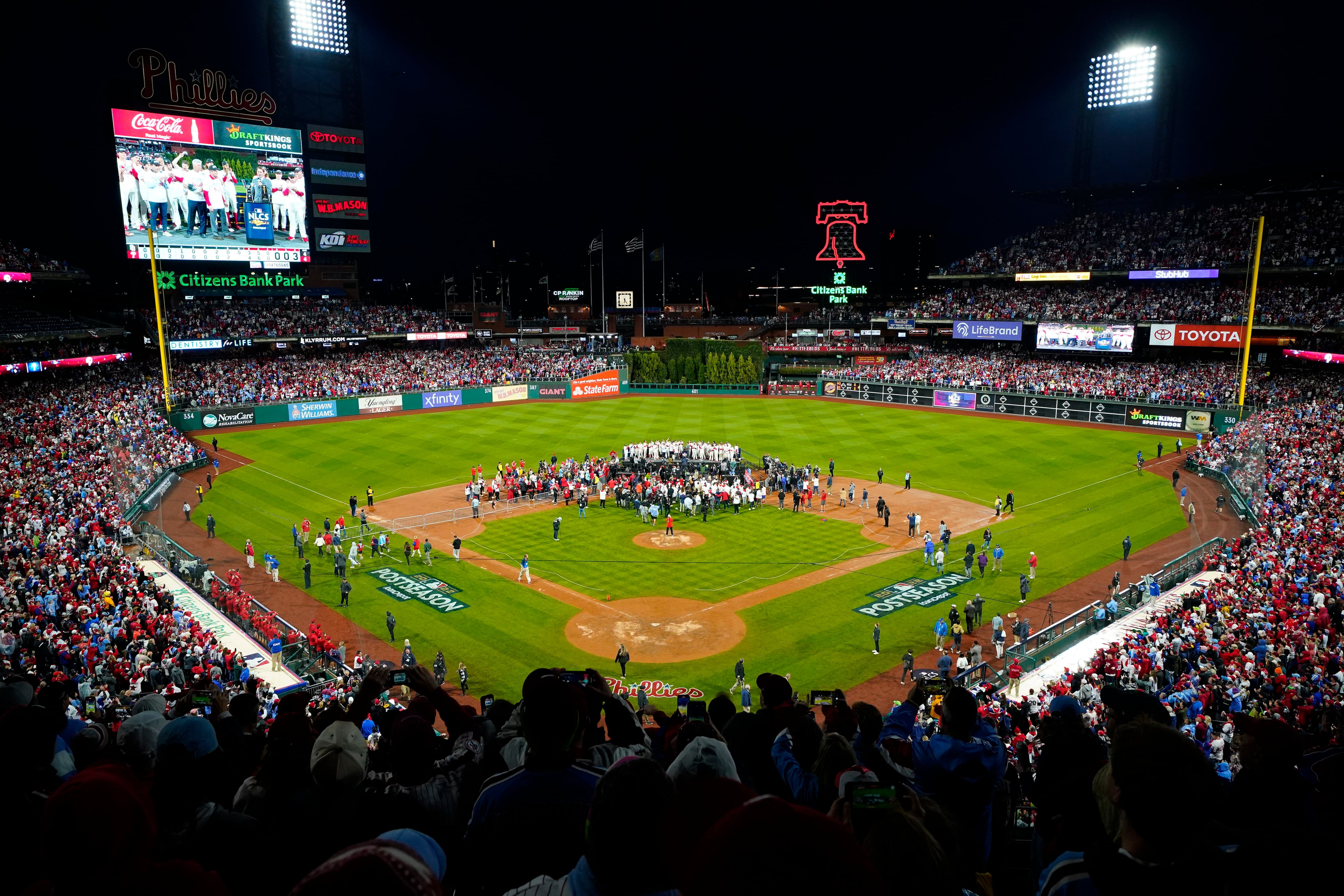 Fireworks explode over Citizens Bank Park before the start of Game 1of the  National League championship series between the Philadelphia Phillies and  Los Angeles Dodgers Thursday, Oct. 9, 2008, in Philadelphia. (AP