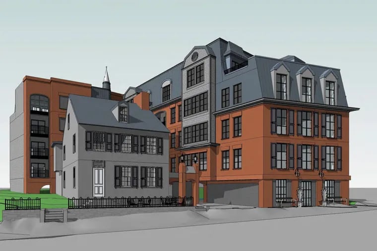 A rendering of the proposed condo building, on the right and behind the historic Detweiler House.
