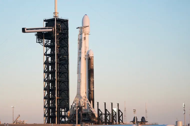 A SpaceX Falcon Heavy rocket with a NASA spacecraft bound for Jupiter stands ready for launch at the Kennedy Space Center on Monday, Oct. 14, 2024 in Cape Canaveral, Fla.