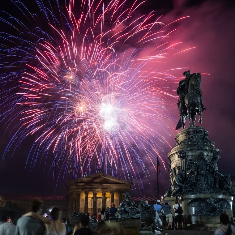 Fireworks over the Philadelphia Museum of Art and the statue of George Washington at Eakins Oval during the 2023 Wawa Welcome America Festival.
