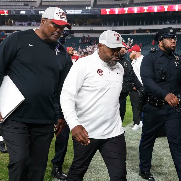 Temple head coach Stan Drayton walks off the field after SMU beat them 55-0 at Lincoln Financial Field, Friday, October 20, 2023.