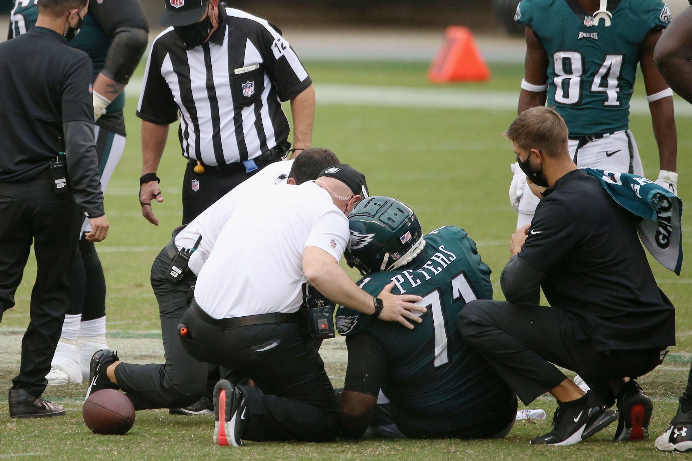 New York Jets guard Nate Herbig (71) walks off the field after an