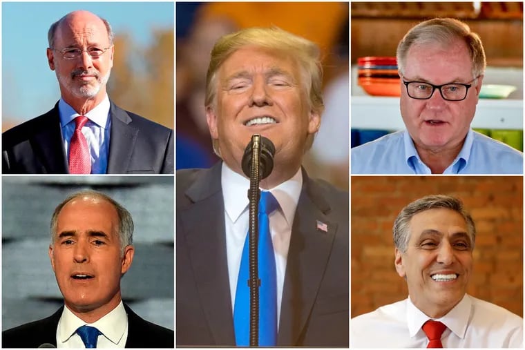 Pennsylvania's voters hold strong feelings about President Trump (center) while Gov. Wolf (top left) and U.S. Sen. Bob Casey Jr. (bottom left) hold double-digit leads over their Republican challengers, former state Sen. Scott Wagner (top right) and U.S. Rep. Lou Barletta (bottom right), according to a new Franklin & Marshall College Poll.
