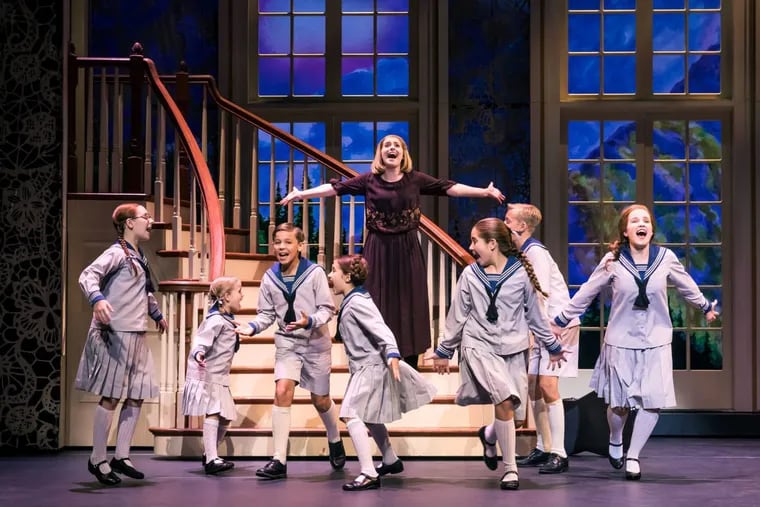 Jill-Christine Wiley (center) as Maria, plus cast members of “The Sound of Music,” through April 29 at the Merriam Theater.