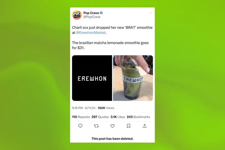 A fake Charli XCX 'Brat' smoothie collab with Erewhon went viral after the aggregator Pop Crave tweeted about it. It illustrates a larger trend regarding how young people are getting their news.