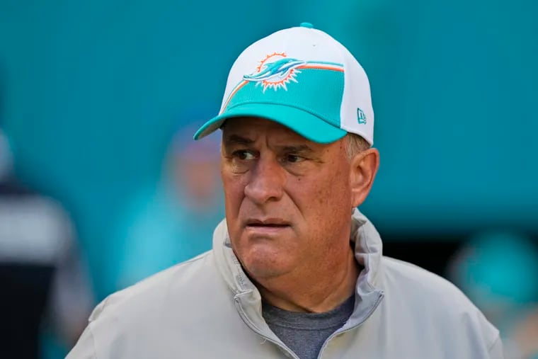 Miami Dolphins defensive coordinator Vic Fangio before a game against the Carolina Panthers on Oct. 15.