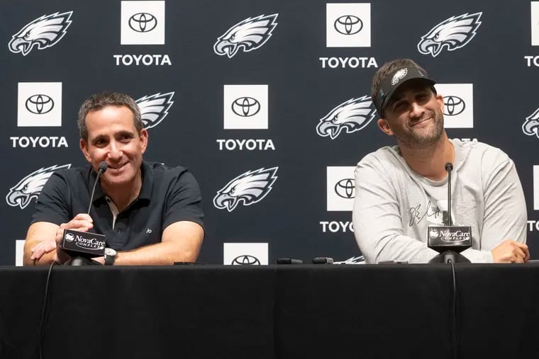 Eagles GM Howie Roseman (left) and head coach Nick Sirianni are all smiles after an offseason spent building a deep and talented roster.