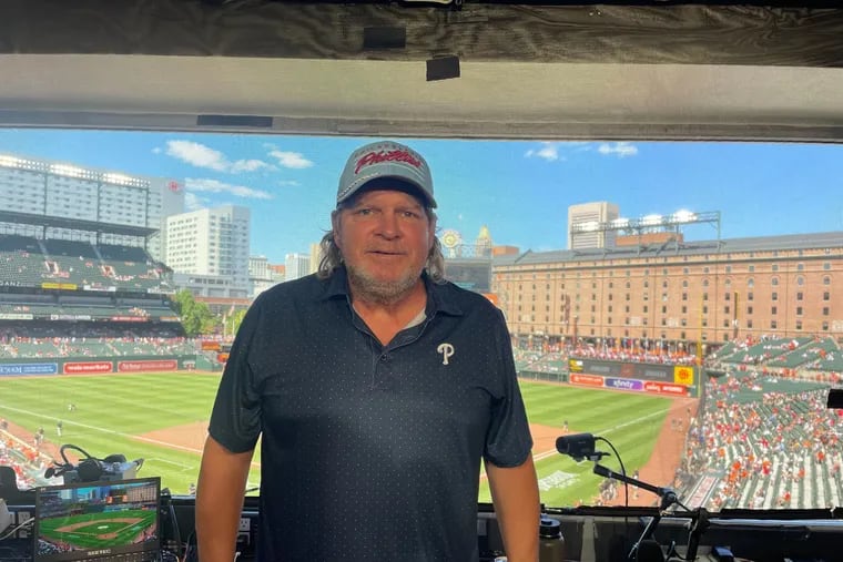 Phillies television analyst John Kruk in the broadcast booth at Camden Yards on Saturday.