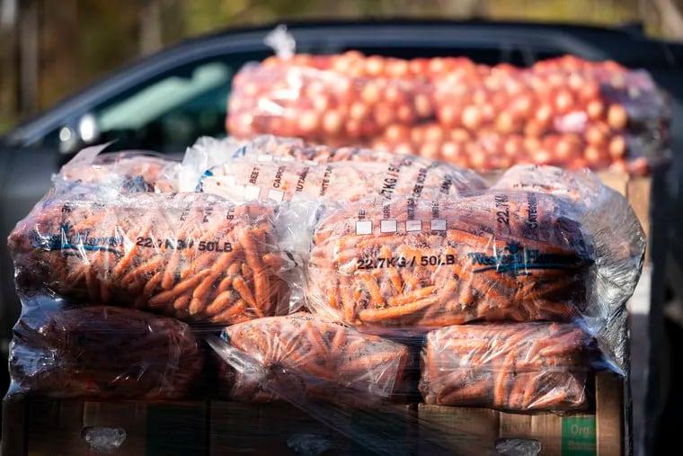 Pallets of food sit in the sunlight during a Thanksgiving food distribution at Martha’s Choice Marketplace of Catholic Social Services in Norristown.