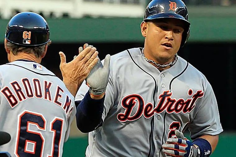 Detroit's Miguel Cabrera  hit three home runs Sunday night against the Rangers. (John F. Rhodes / AP)
