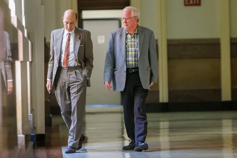 Attorney Matt Wolfe (left) and Vince Fenerty, chair of the Philadelphia Republican Party, attended the hearing for Working Families Party candidates in City Hall in August.