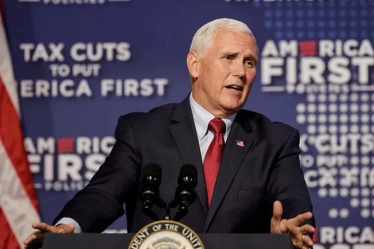 Vice President Mike Pence speaks at a tax policy event hosted by America First Policies at Lee University's Pangle Hall on Saturday, July 21, 2018, in Cleveland, Tenn. Pence was the keynote speaker at the event. (Doug Strickland/Chattanooga Times Free Press via AP)