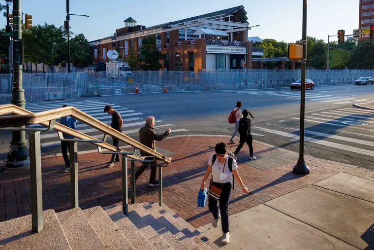 Barricades surround Independence Visitors Center in front of the National Constitution Center on Tuesday morning ahead of the presidential debate.