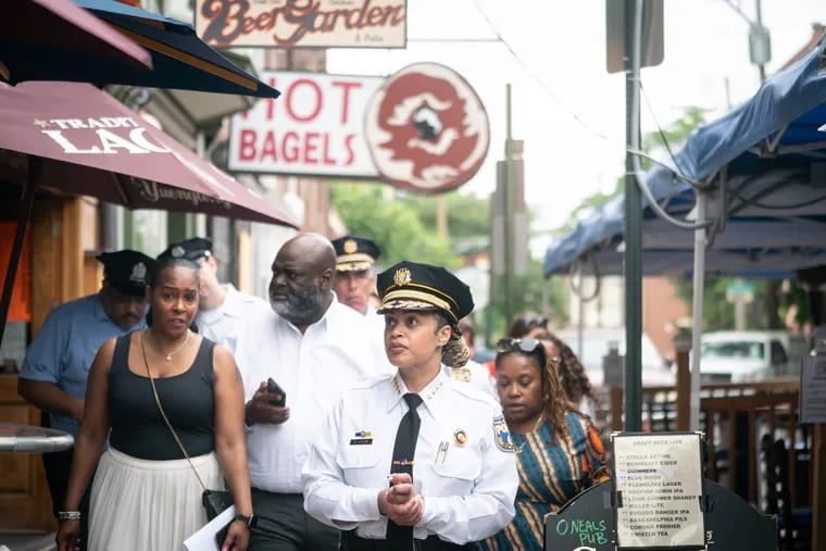 Police Commissioner Danielle Outlaw on 3rd Street near South Street after speaking with concerned business owners following the mass shooting that occurred last summer. It was announced today that she will be resigning from her post. Her last day will be Sept. 22, 2023.