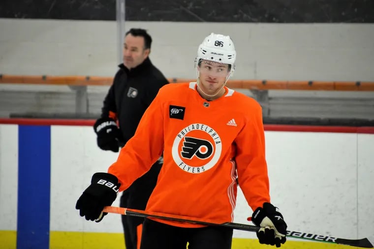 Flyers winger Joel Farabee participated in practice on Thursday and skated on the top line alongside Claude Giroux and Cam Atkinson.