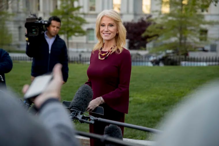 Counselor to the President Kellyanne Conway speaks to members of the media outside the West Wing of the White House, Tuesday, April 16, 2019, in Washington. (AP Photo/Andrew Harnik)