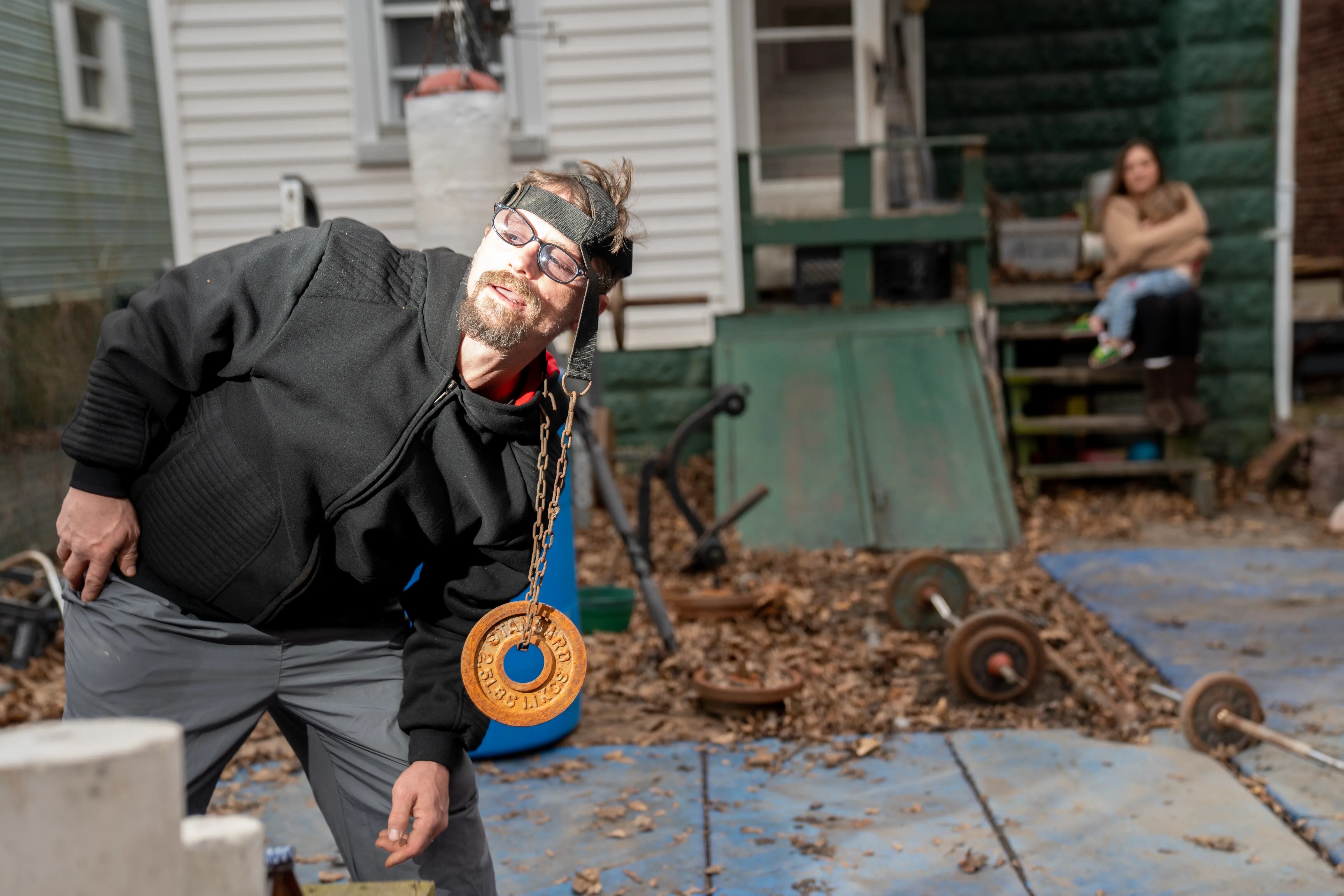 William Dales, also known as the Shamokin Thunder Clap when professionally slapping, trains in his backyard.