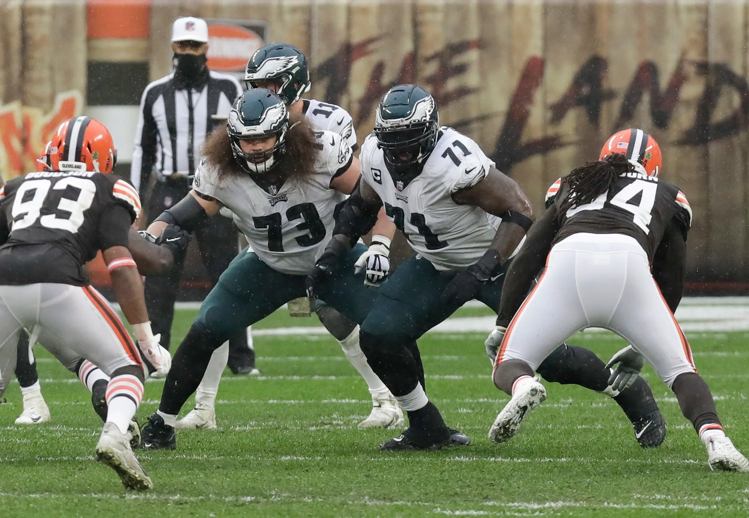 Philadelphia Eagles offensive tackle Jordan Mailata (68) walks off the  field after an NFL football game against the New York Giants, Sunday, Nov.  28, 2021, in East Rutherford, N.J. (AP Photo/Adam Hunger