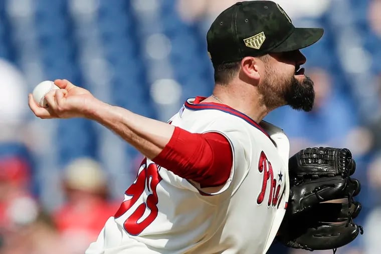 Phillies pitcher Pat Neshek throws the baseball in the ninth-inning against the Colorado Rockies on Sunday, May 19, 2019 in Philadelphia.