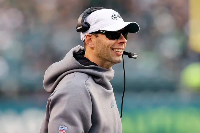 Eagles defensive coordinator Jonathan Gannon smiles against the New Orleans Saints on Sunday, November 21, 2021 in Philadelphia.