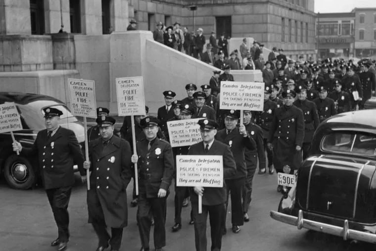 In 1944, police leaving City Hall in a pension protest. The department's end is stirring memories.
