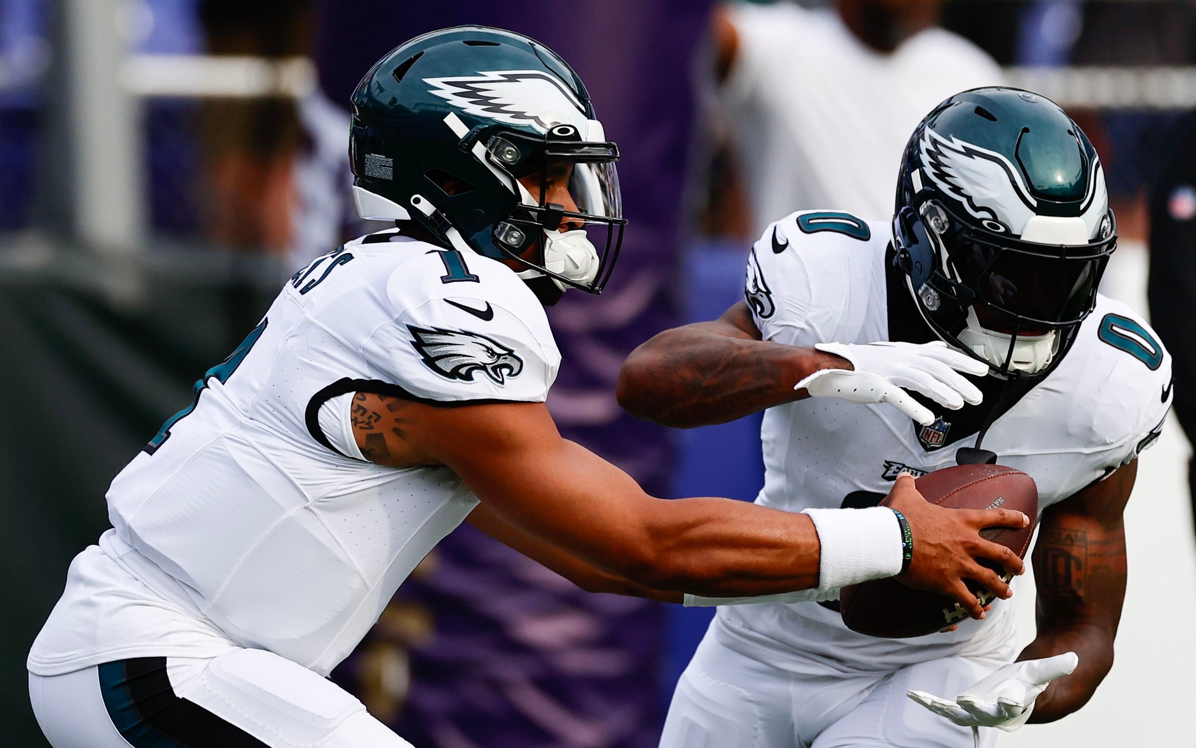 Philadelphia Eagles nose tackle Ndamukong Suh (74) and defensive tackle  Linval Joseph (72) look on during