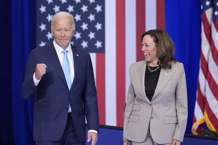 President Joe Biden and Vice President Kamala Harris arrive to speak about their administration's efforts to lower prescription drug costs during an event at Prince George's Community College in Largo, Md. Thursday.