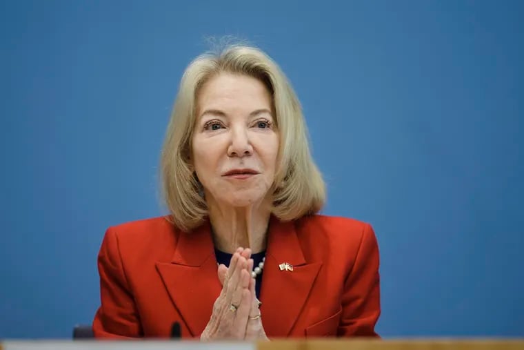 United States Ambassador to Germany Amy Gutmann addresses a news conference on the Air Defender military exercise in Berlin, Germany, in June. The former president of Penn received a $3.7 million loan from the university.