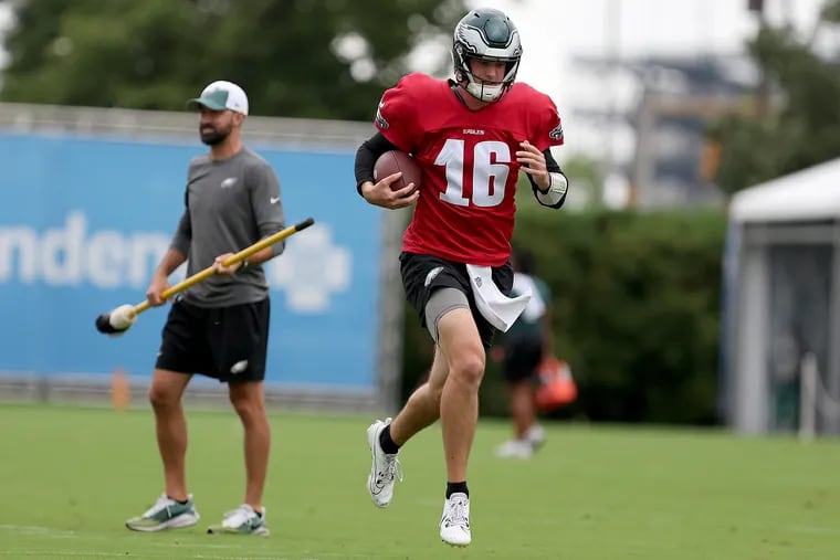 Competing for the backup quarterback role, Tanner McKee runs through a drill during a training camp session on Sunday.