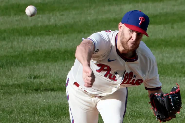 Phils pitcher Zack Wheeler pithes during the Atlanta Braves at Philadelphia Phillies Major League baseball game at Citizens Bank Park in Phila., Pa. on April 3, 2021.