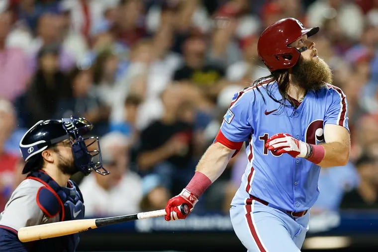 Phillies outfielder Brandon Marsh watches his three-run home run in the sixth inning of Thursday night's win.