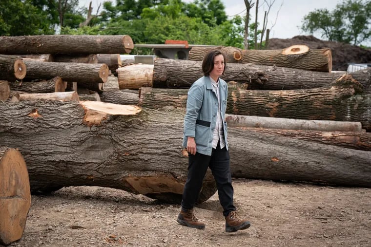 Julia Hillengas, executive director of PowerCorpsPHL, at a news conference hosted by Philadelphia’s Department of Parks and Recreation to announce the launch of the Philadelphia Reforestation Hub, a novel partnership with a private company to take felled trees and turn them into lumber.