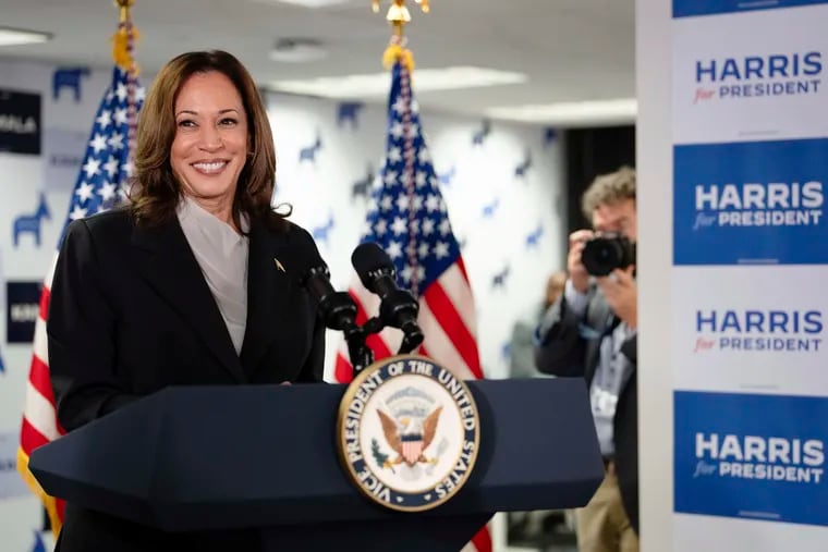 Vice President Kamala Harris speaks at her campaign headquarters in Wilmington on Monday.