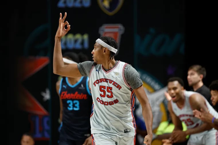 Melvin Frazier Jr. celebrates during The Basketball Tournament semifinals at the Daskalakis Athletic Center.