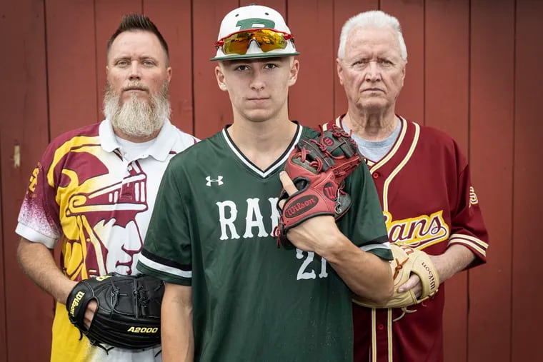 Ryder Olson (center) is a third-generation baseball pitcher for Pennridge in Bucks County. His father, Jordan (left) and grandfather, Dan, both pitched at USC.