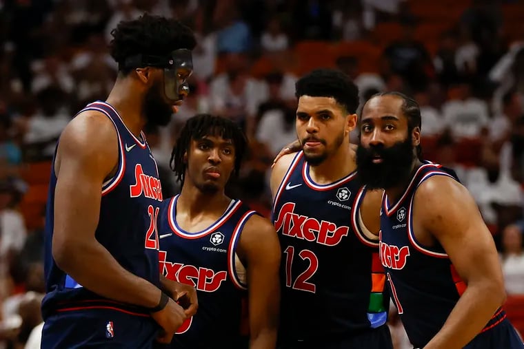 Sixers center Joel Embiid, guard Tyrese Maxey, forward Tobias Harris and guard James Harden gather before the start of the second half in game five of the second-round Eastern Conference playoffs on Tuesday, May 10, 2022 in Miami.