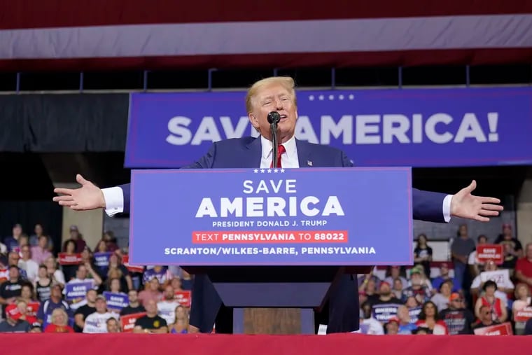 Former President Donald Trump speaks at a rally in Wilkes-Barre, Pa., on Sept. 3, 2022. Trump will return to Wilkes-Barre Saturday for a rally.