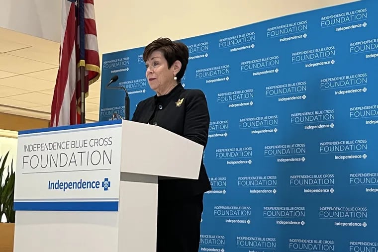 Karen Flaherty-Oxler, a retired admiral and the director of the Corporal Michael J. Crescenz V.A. hospital in Philadelphia, speaks Wednesday in the lobby of the Independence Blue Cross Foundation offices on Market Street.