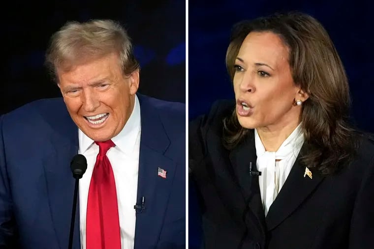 This combination of photos shows former President Donald Trump, left, and Vice President Kamala Harris during an ABC News presidential debate at the National Constitution Center on Tuesday in Philadelphia.