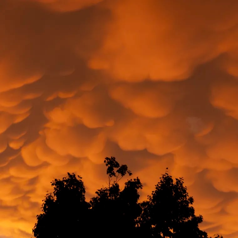 Mammatus clouds are seen during the sunset in Philadelphia on Sunday.