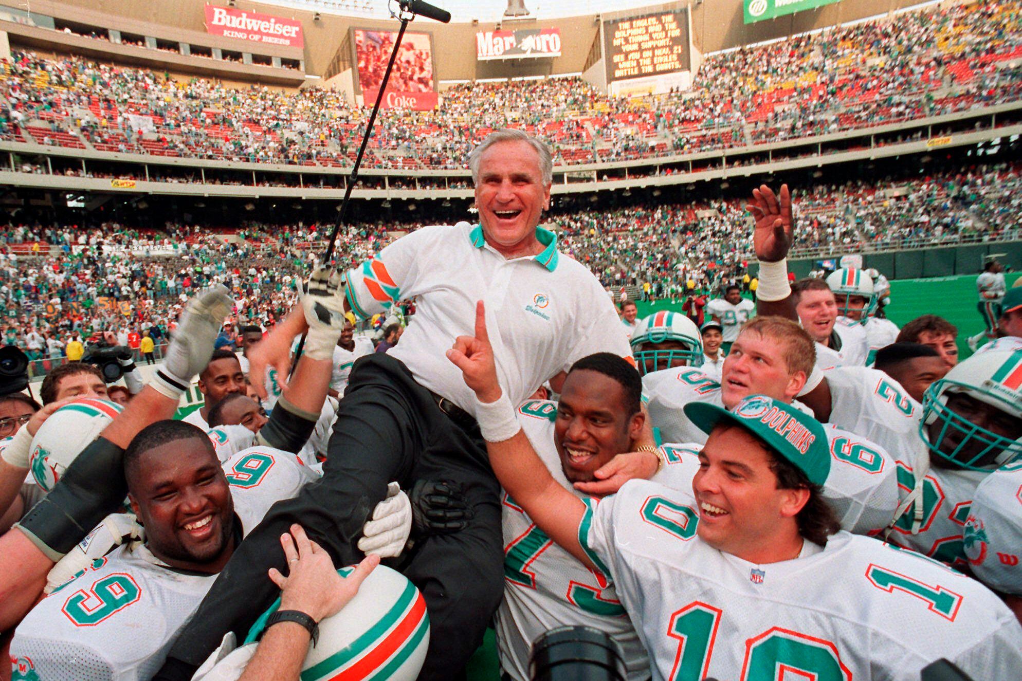 The only NFL team to pull off the perfect season was the 1972 Miami  Dolphins, who went 17-0.